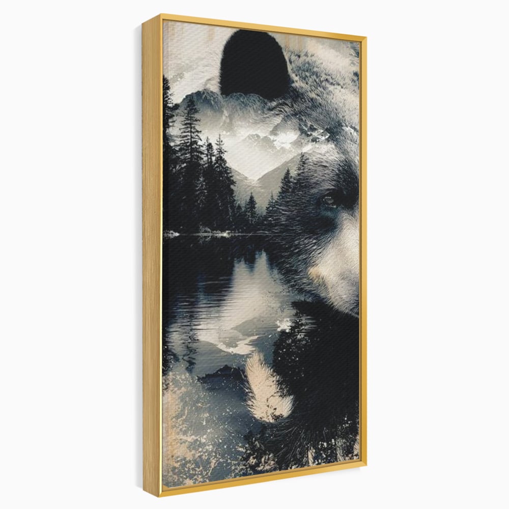 Tablou canvas cu tablou canvas cu urs si peisaj montan, in rama de aluminiu auriu